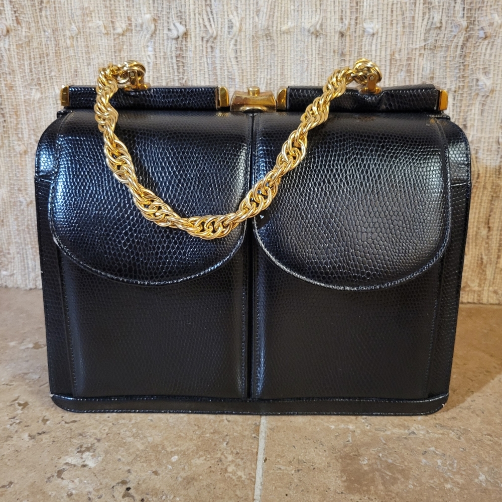Vtg Artcraft Structured Black Leather Purse Gold Hardware AS IS